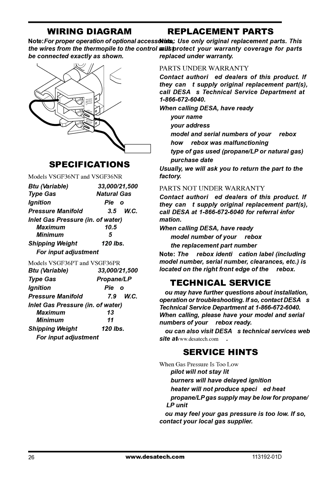 Desa VSGF36NR, VSGF36PR Wiring Diagram Replacement Parts, Specifications, Technical Service, Service Hints 