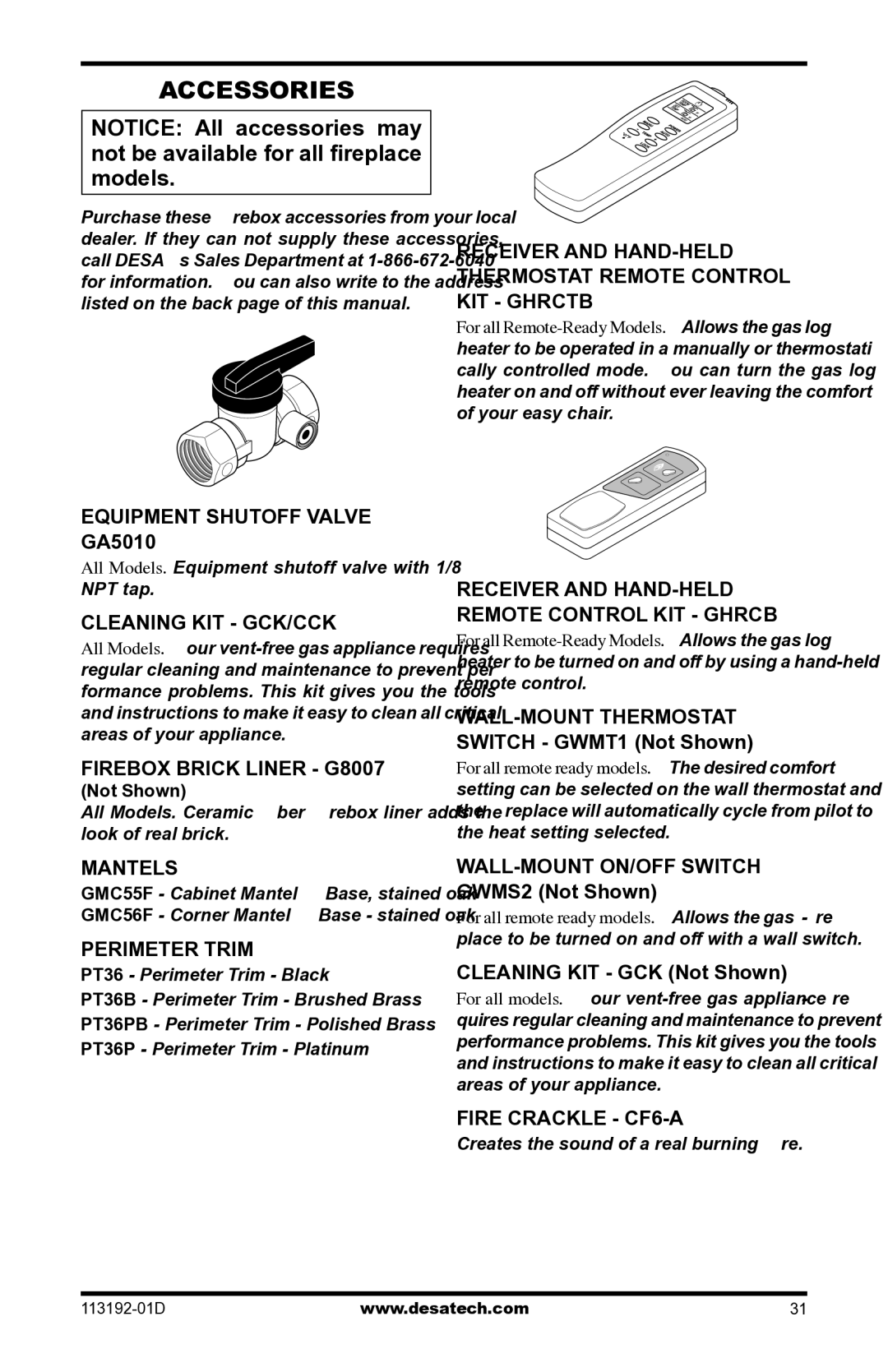 Desa VSGF36NR, VSGF36PR installation manual Accessories 