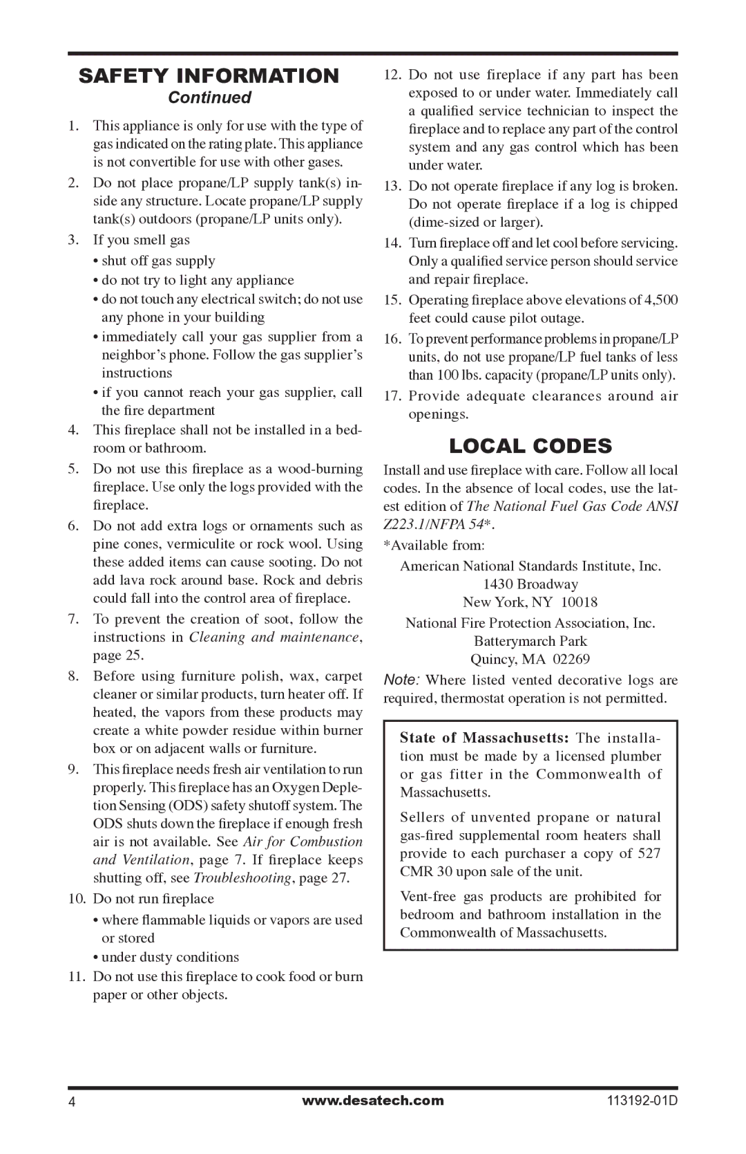 Desa VSGF36NR, VSGF36PR installation manual Local Codes 