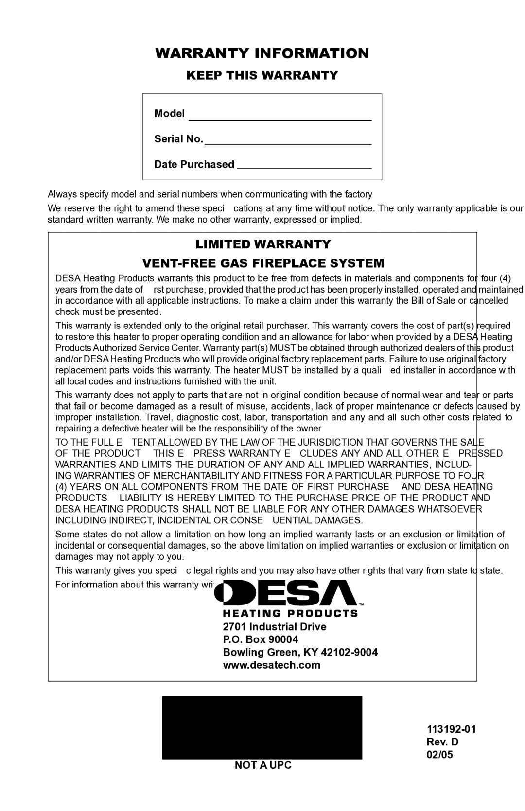 Desa VSGF36NR, VSGF36PR Warranty Information, Keep this Warranty, Limited Warranty VENT-FREE GAS Fireplace System 