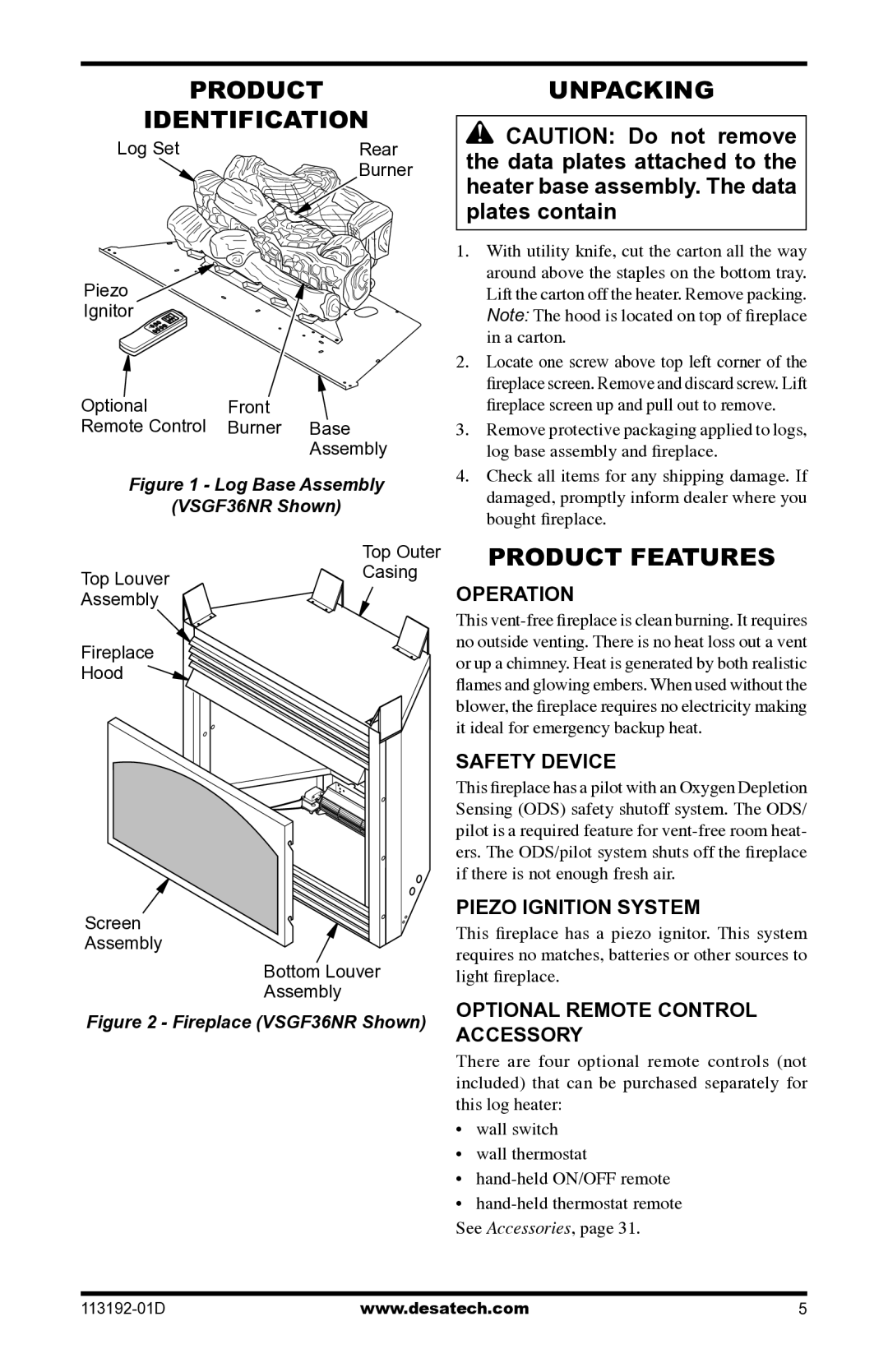 Desa VSGF36NR, VSGF36PR installation manual Product Identification, Unpacking, Product Features 