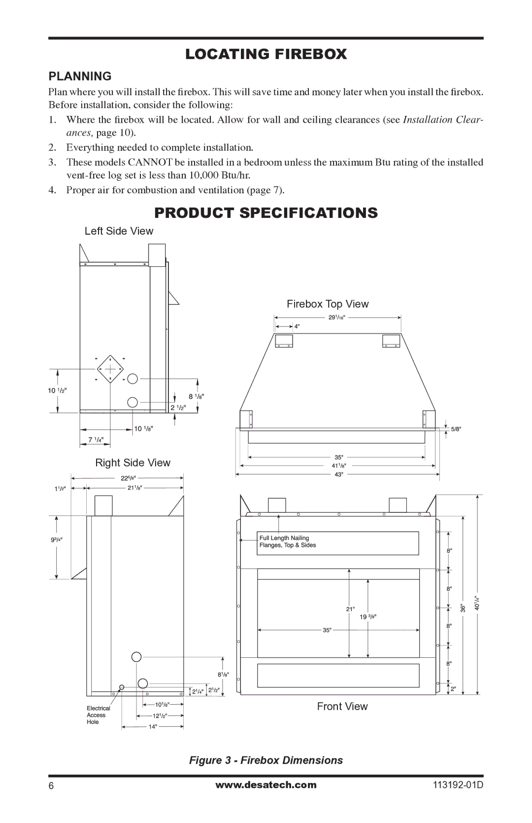 Desa VSGF36NR, VSGF36PR installation manual Locating Firebox, Product Specifications, Planning 