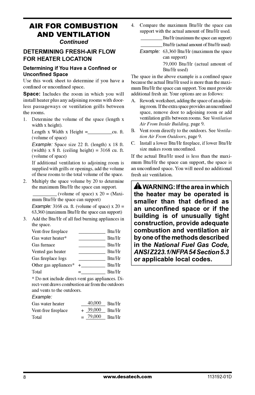 Desa VSGF36NR, VSGF36PR installation manual Determining FRESH-AIR Flow for Heater Location 