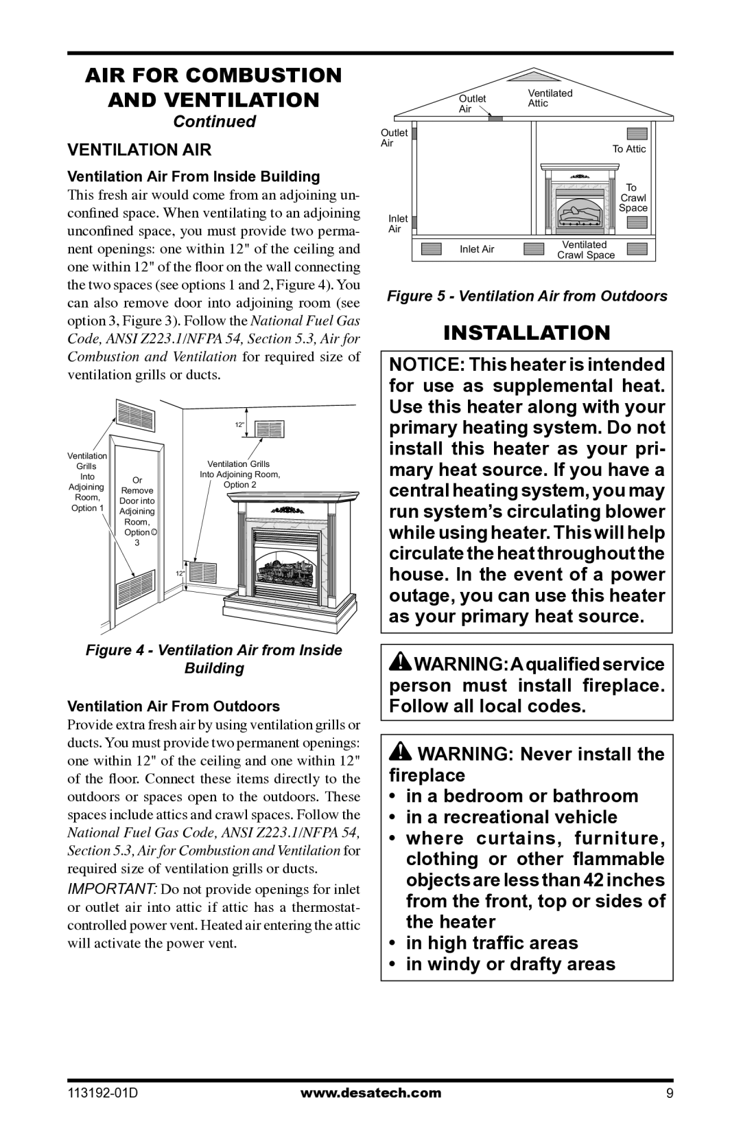 Desa VSGF36NR, VSGF36PR Installation, Ventilation AIR, Ventilation Air From Inside Building, Ventilation Air From Outdoors 