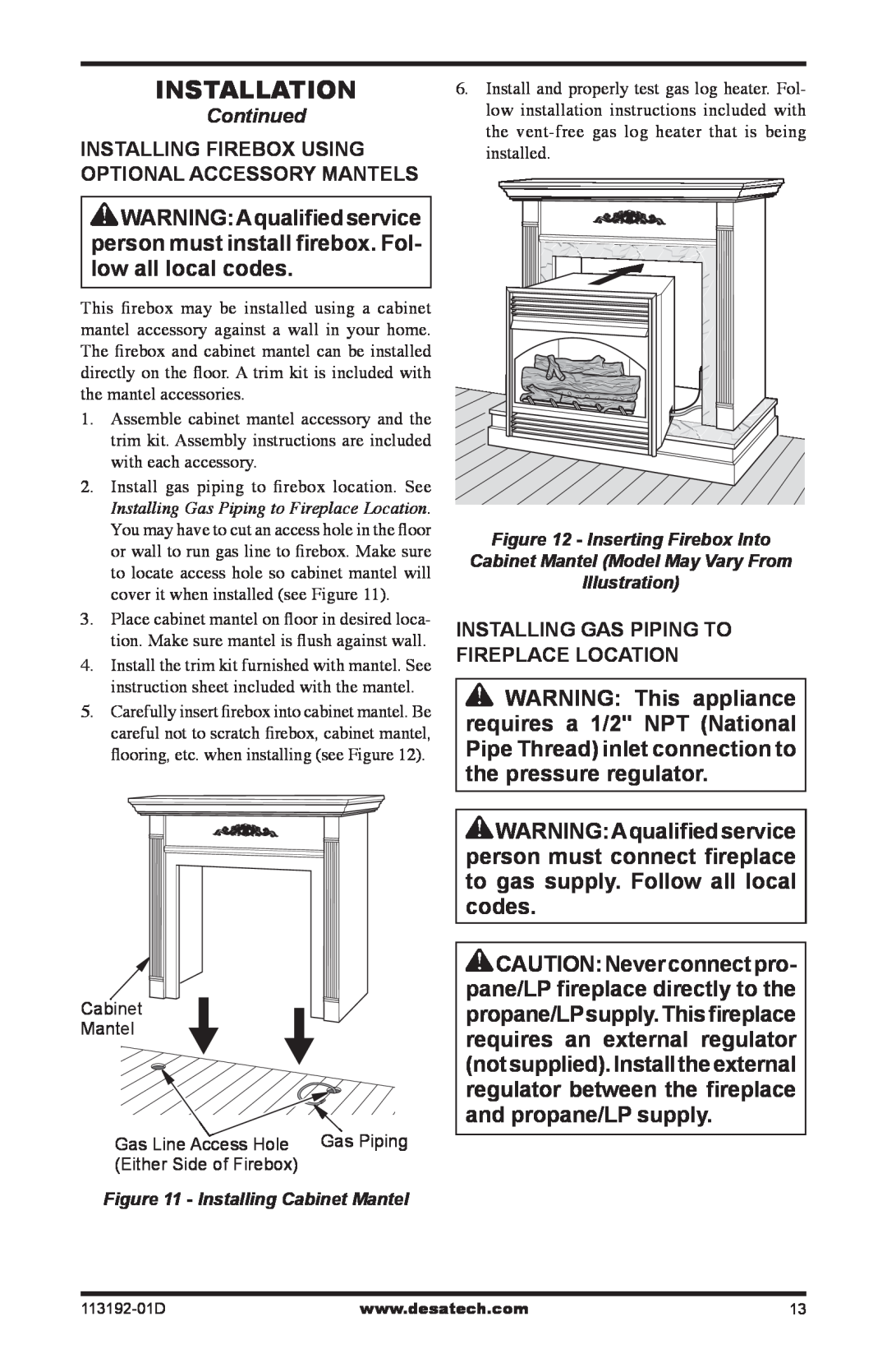Desa VSGF36NR, VSGF36PR installation manual Installing Gas Piping To Fireplace Location 