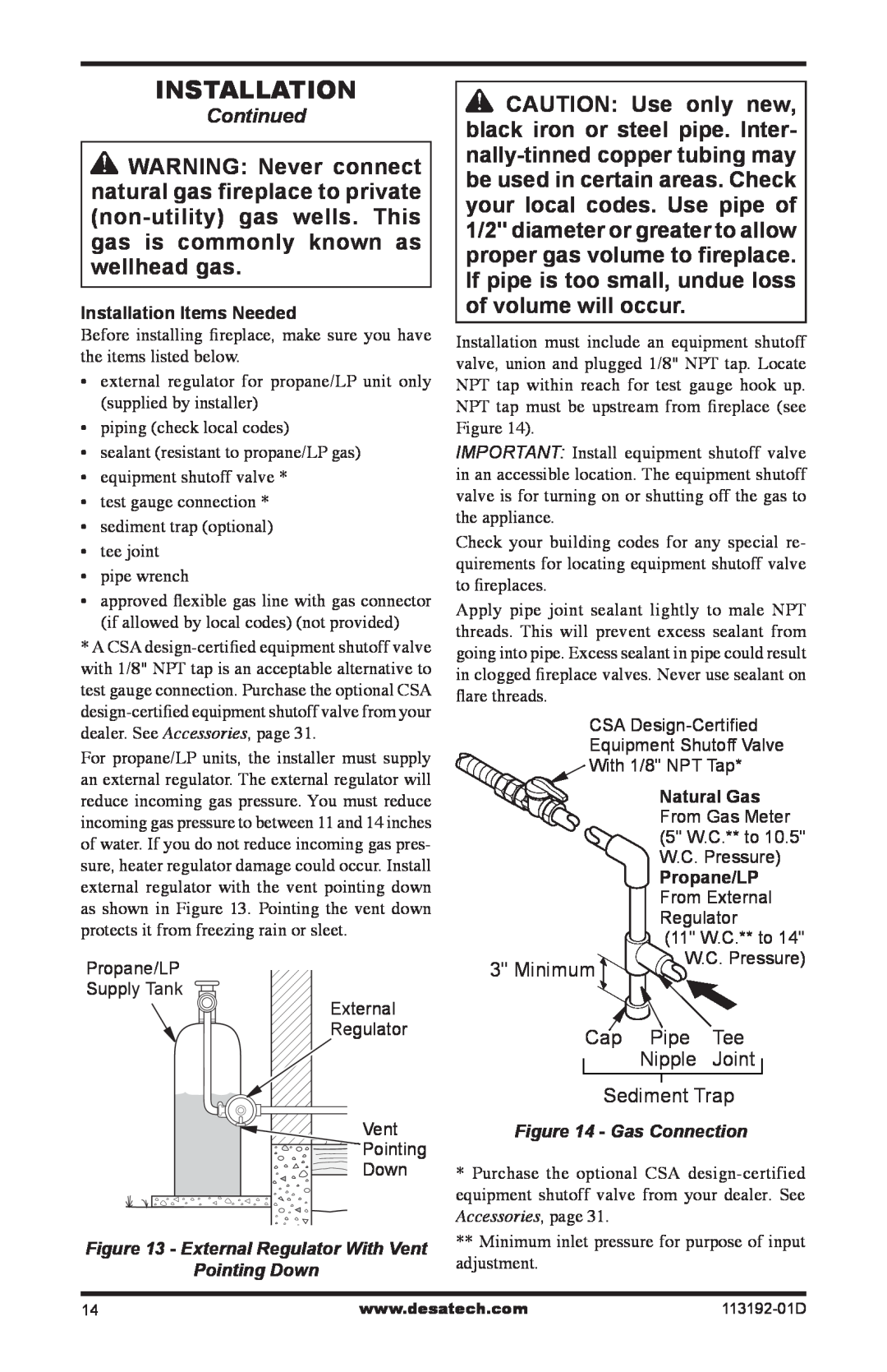 Desa VSGF36NR, VSGF36PR installation manual Continued, Minimum, Cap Pipe, Nipple, Joint, Sediment Trap, Gas Connection 