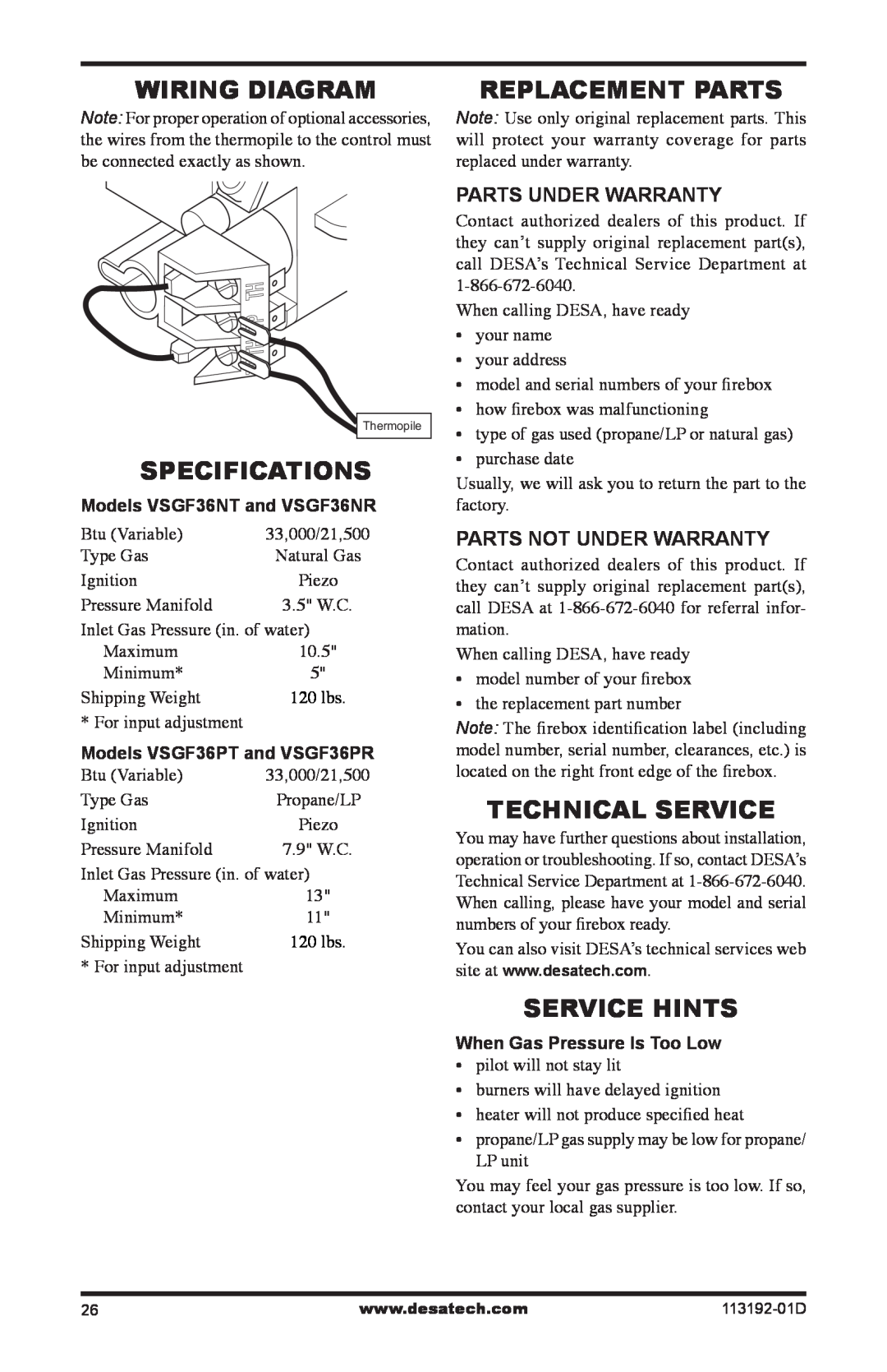 Desa VSGF36NR, VSGF36PR Wiring Diagram, Replacement Parts, Specifications, Technical Service, Service Hints 