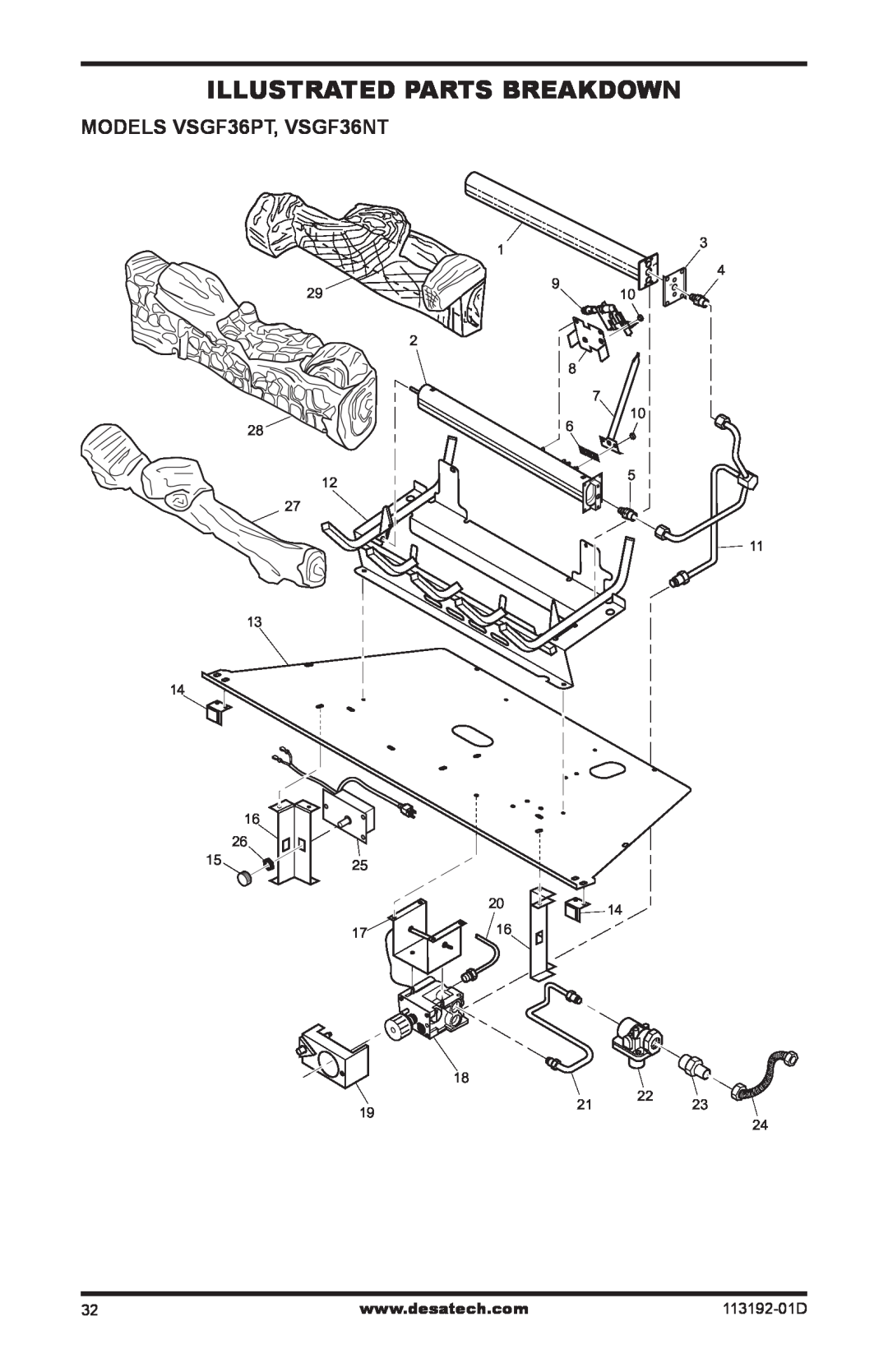Desa VSGF36NR, VSGF36PR installation manual Illustrated Parts Breakdown, MODELS VSGF36PT, VSGF36NT, 113192-01D 