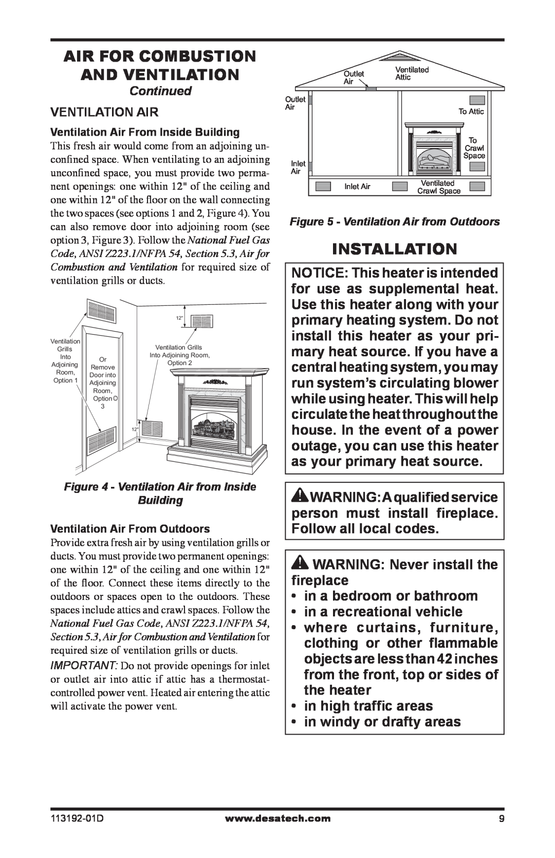 Desa VSGF36NR, VSGF36PR installation manual Air For Combustion And Ventilation, Installation 