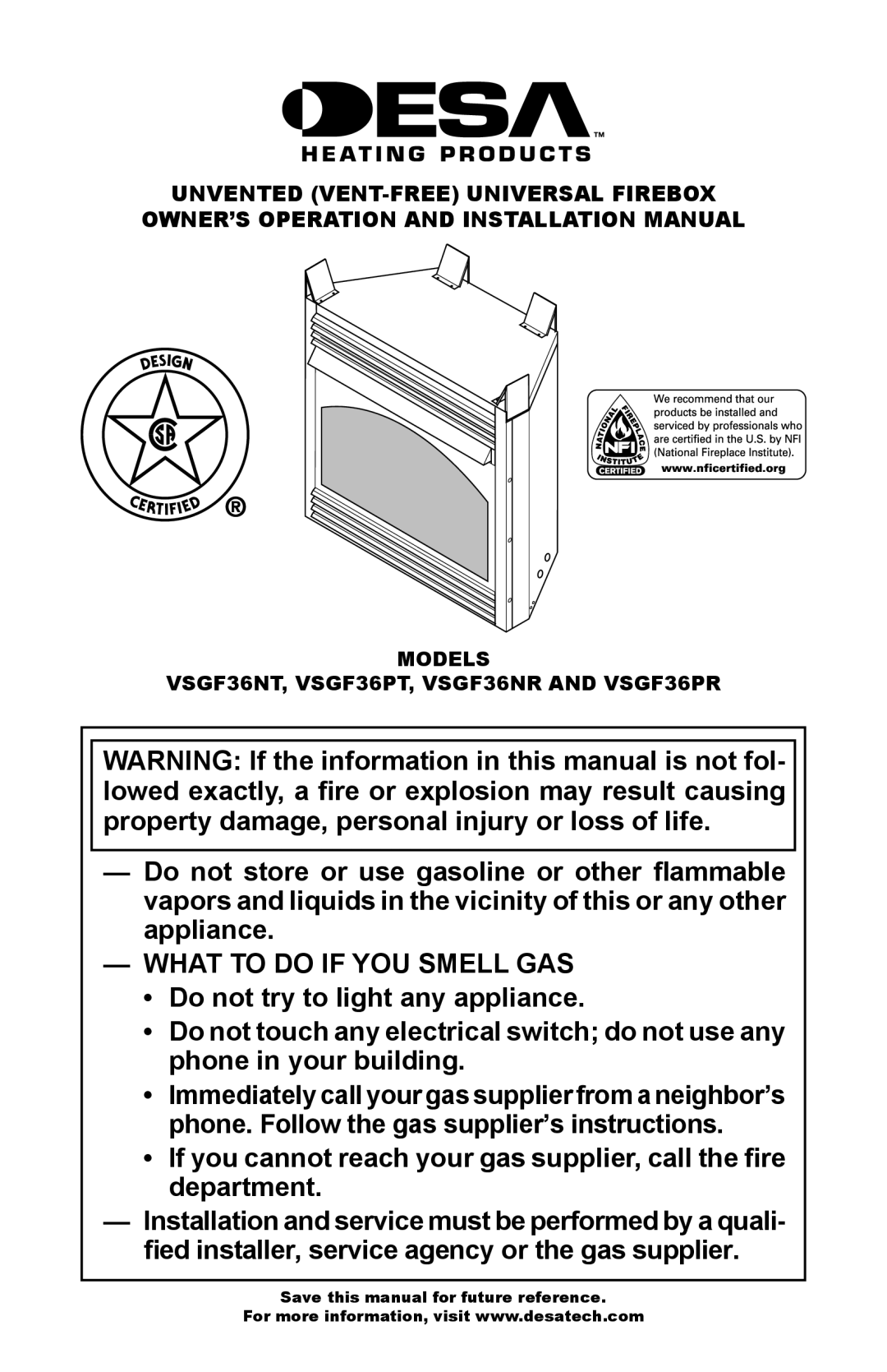 Desa installation manual What to do if YOU Smell GAS, Models VSGF36NT, VSGF36PT, VSGF36NR and VSGF36PR 