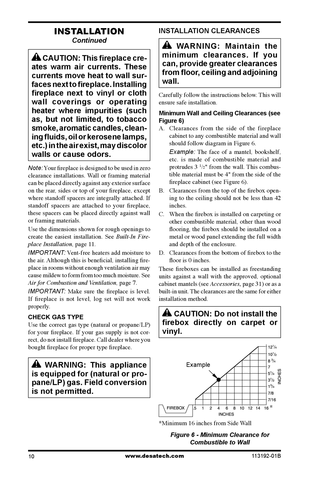 Desa VSGF36PR, VSGF36NT, VSGF36PT, VSGF36NR Installation Clearances, Minimum Wall and Ceiling Clearances see Figure 