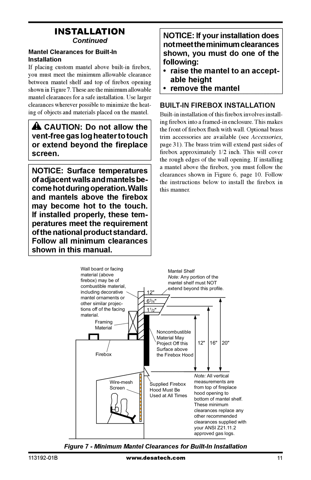 Desa VSGF36NR, VSGF36NT, VSGF36PT, VSGF36PR BUILT-IN Firebox Installation, Mantel Clearances for Built-In Installation 