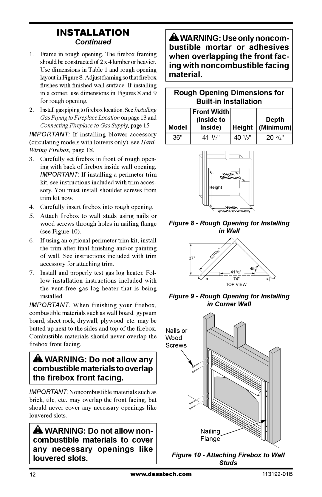 Desa VSGF36NT, VSGF36PT, VSGF36PR, VSGF36NR installation manual Rough Opening Dimensions for Built-in Installation 