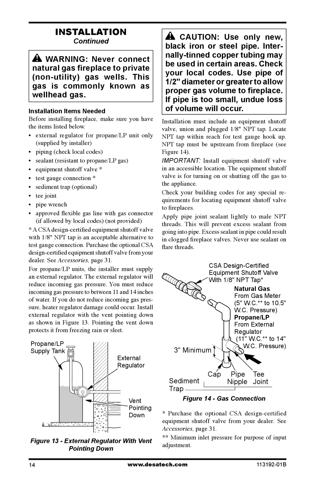 Desa VSGF36PR, VSGF36NT, VSGF36PT, VSGF36NR installation manual Installation Items Needed, Natural Gas, Propane/LP 