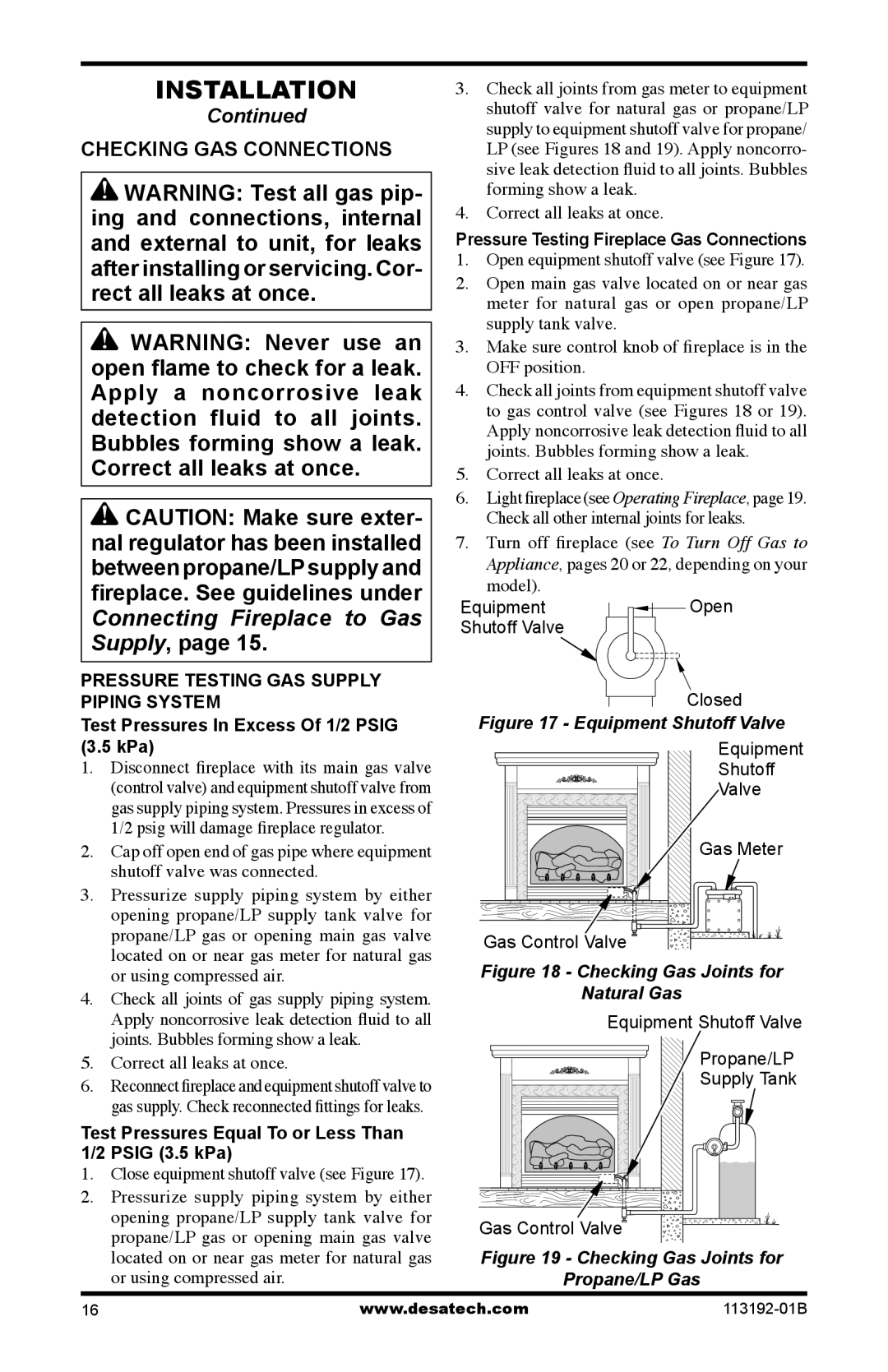 Desa VSGF36NT Checking GAS Connections, Test Pressures In Excess Of 1/2 Psig, Pressure Testing Fireplace Gas Connections 