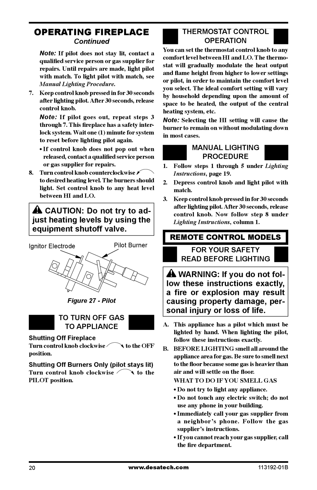 Desa VSGF36NT, VSGF36PT, VSGF36PR To Turn OFF GAS To Appliance, Thermostat Control Operation, Manual Lighting Procedure 