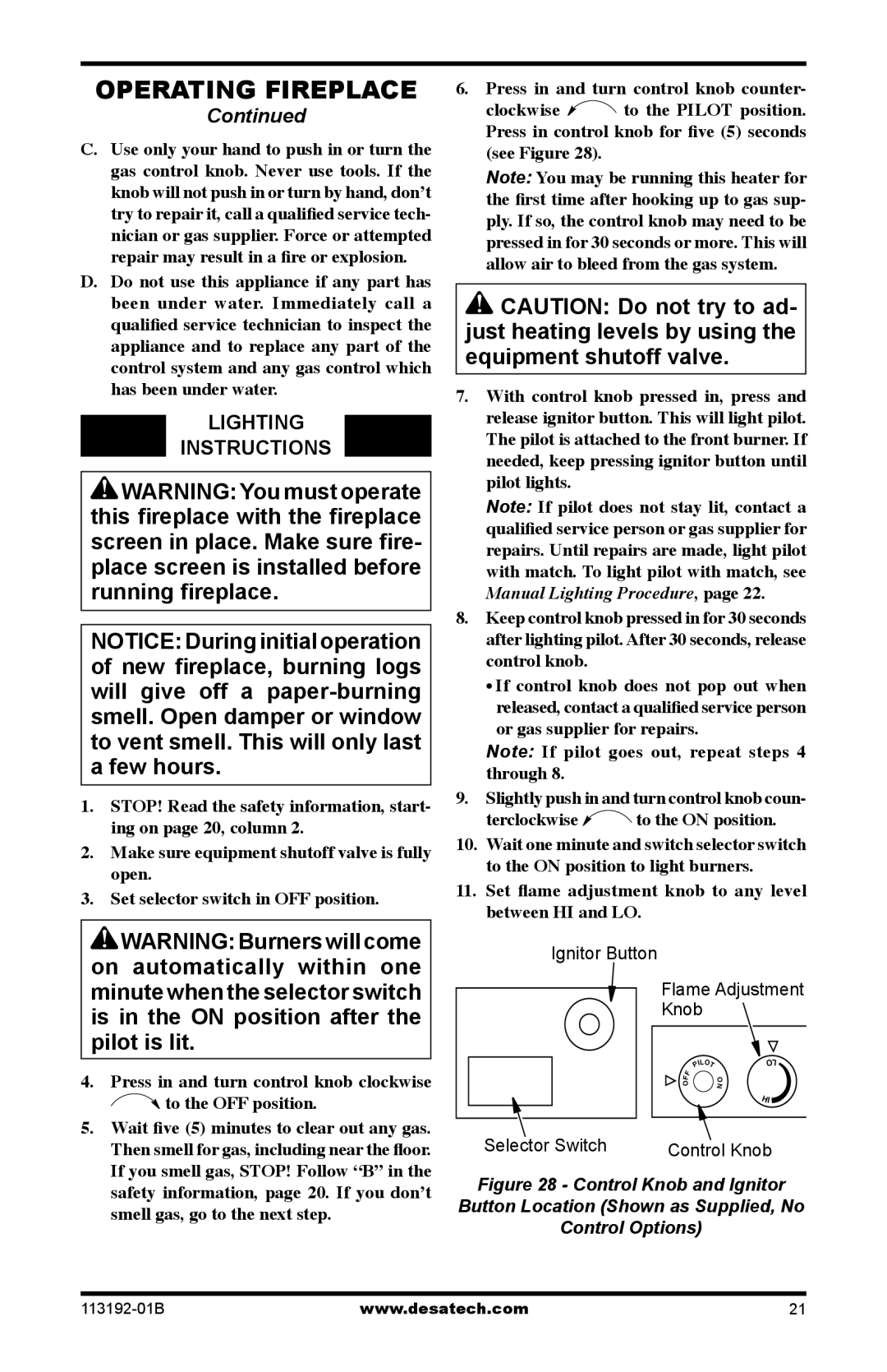 Desa VSGF36PT, VSGF36NT, VSGF36PR, VSGF36NR installation manual Set ﬂame adjustment knob to any level between HI and LO 