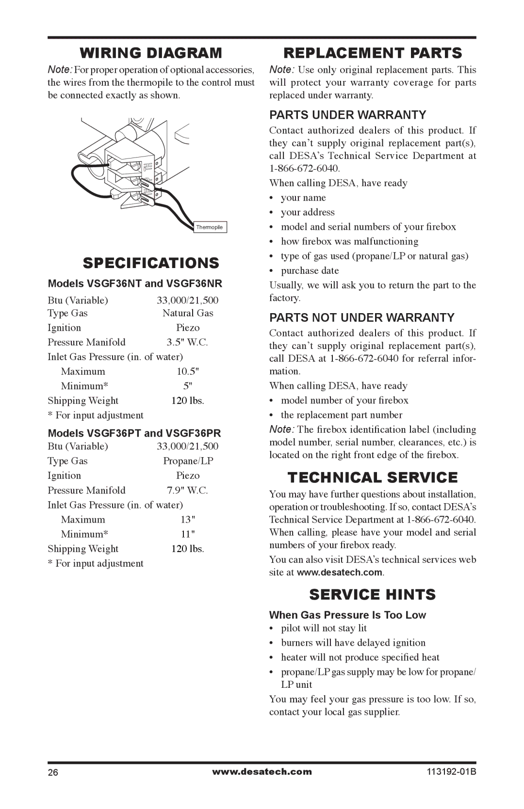 Desa VSGF36PR, VSGF36NT, VSGF36PT Wiring Diagram Replacement Parts, Specifications, Technical Service, Service Hints 