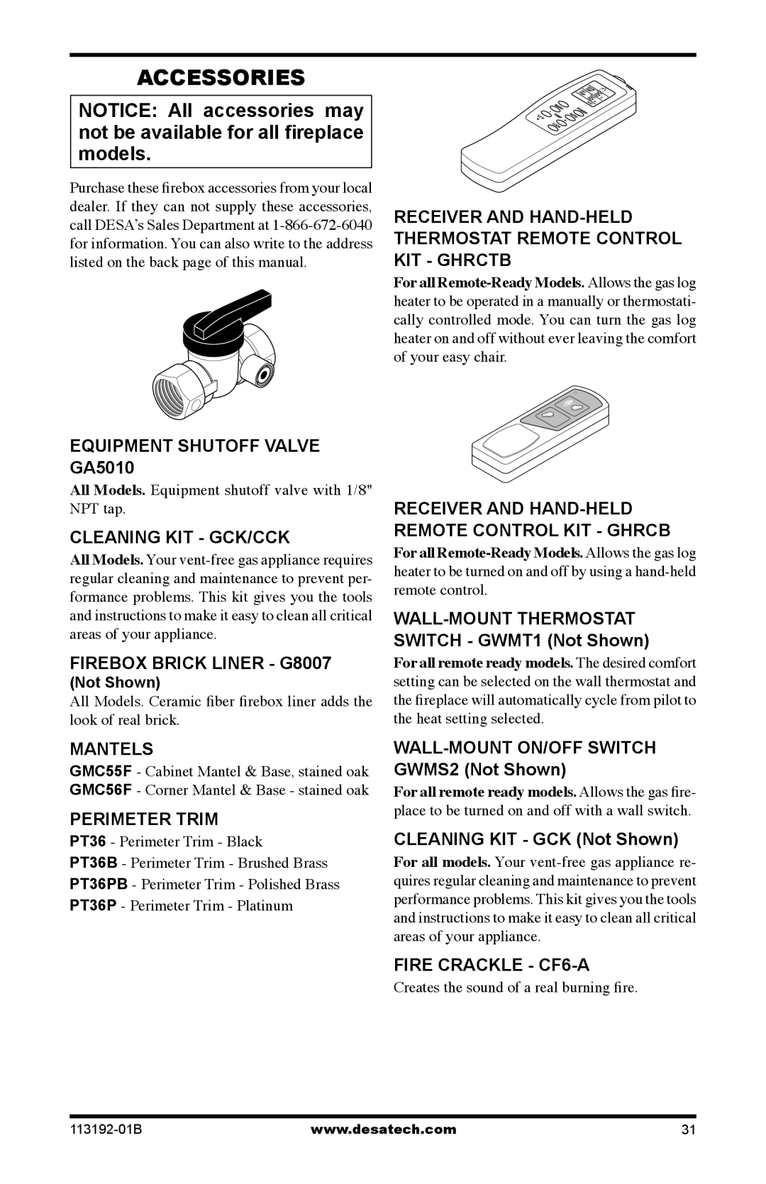 Desa VSGF36NR, VSGF36NT, VSGF36PT, VSGF36PR installation manual Accessories 