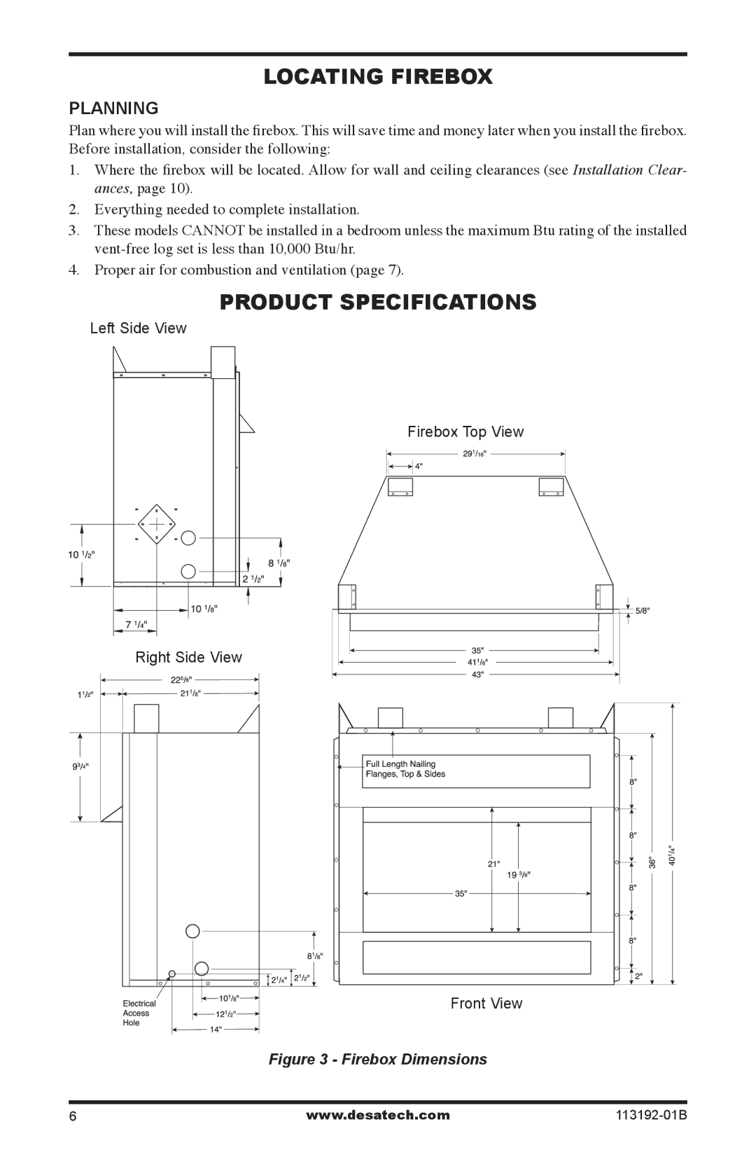 Desa VSGF36PR, VSGF36NT, VSGF36PT, VSGF36NR installation manual Locating Firebox, Product Specifications, Planning 