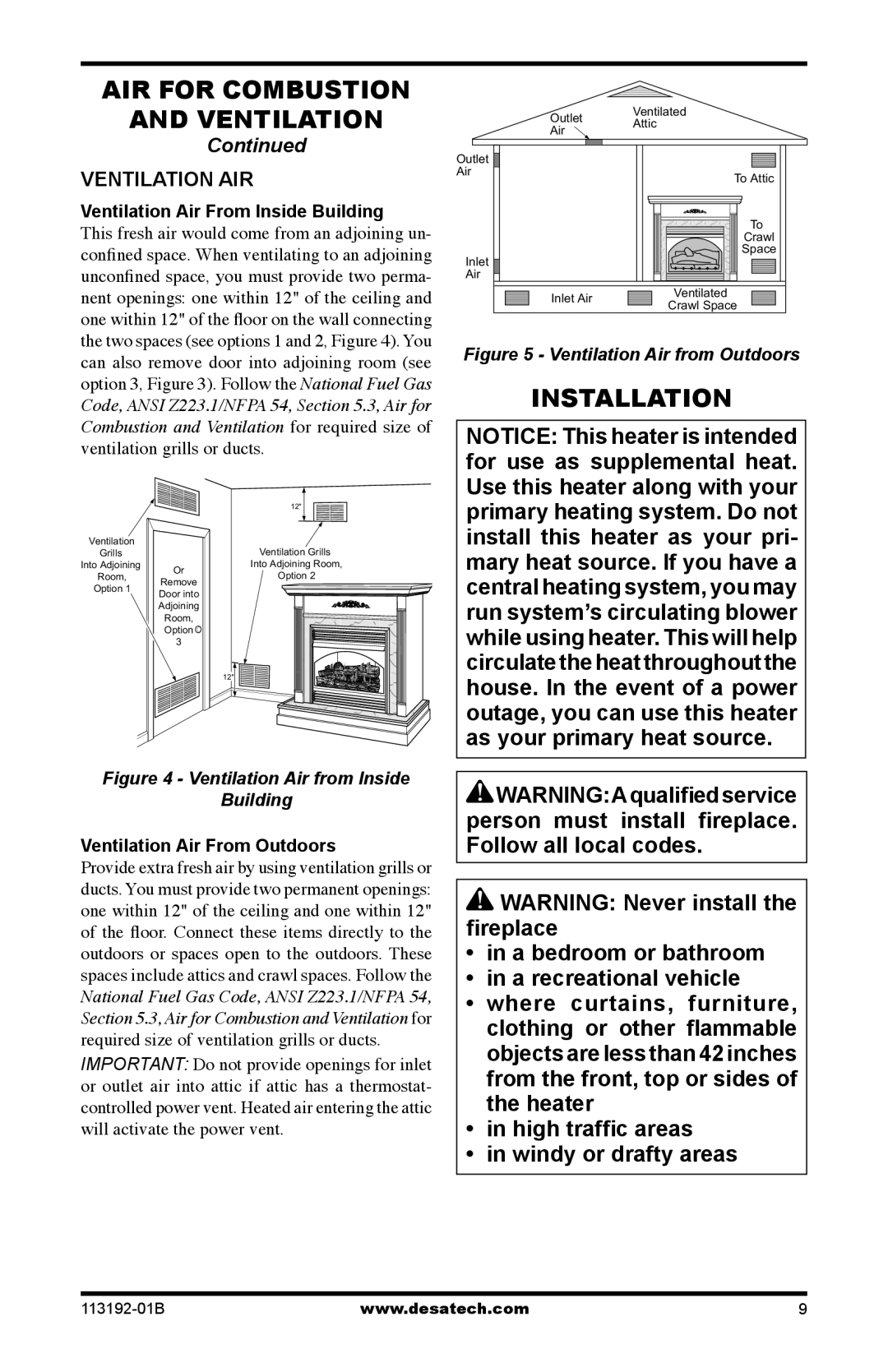 Desa VSGF36PT, VSGF36NT Installation, Ventilation AIR, Ventilation Air From Inside Building, Ventilation Air From Outdoors 