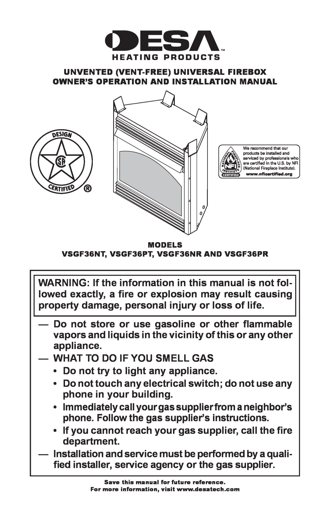 Desa VSGF36PT, VSGF36NT, VSGF36PR, VSGF36NR installation manual What To Do If You Smell Gas 