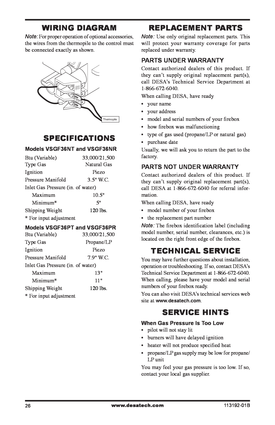 Desa VSGF36PR Wiring Diagram, Replacement Parts, Specifications, Technical Service, Service Hints, Parts Under Warranty 