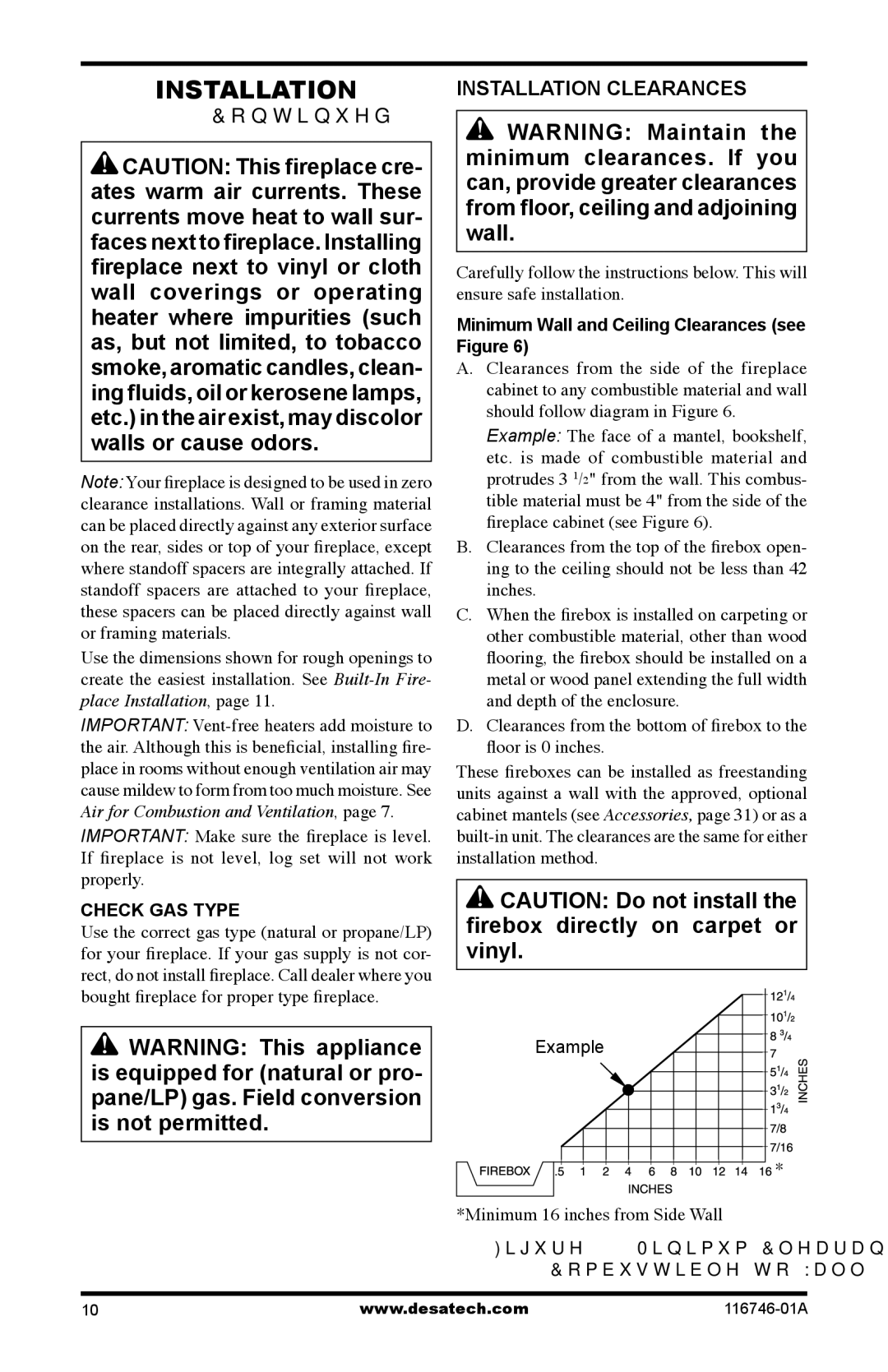 Desa VSGF36PTA, VSGF36NTA, VSGF36PRA, VSGF36NRA Installation Clearances, Minimum Wall and Ceiling Clearances see Figure 