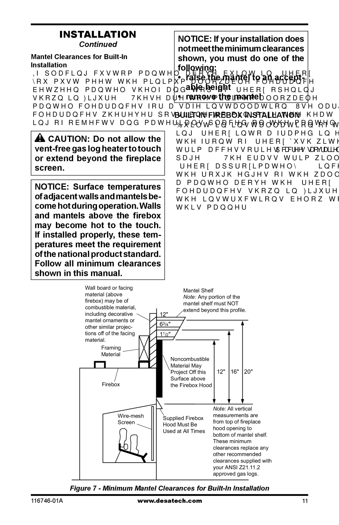 Desa VSGF36NRA, VSGF36NTA, VSGF36PRA, VSGF36PTA BUILT-IN Firebox Installation, Mantel Clearances for Built-In Installation 