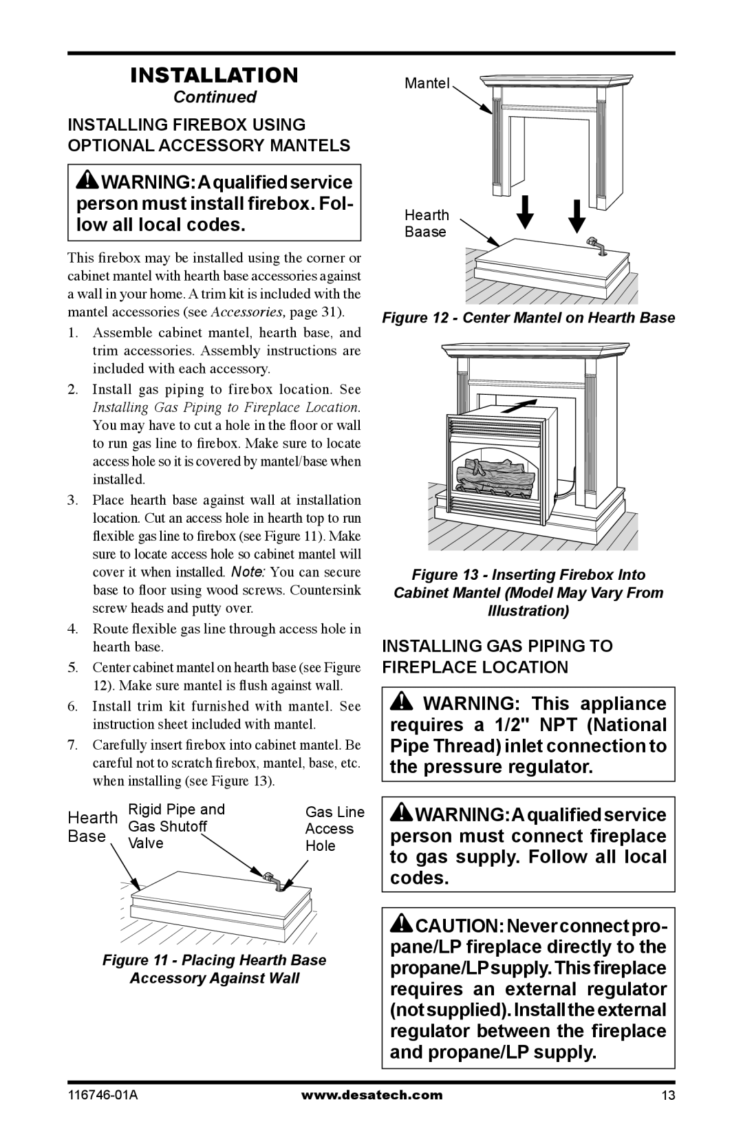 Desa VSGF36PRA, VSGF36NTA Installing Firebox Using Optional Accessory Mantels, Installing GAS Piping to Fireplace Location 