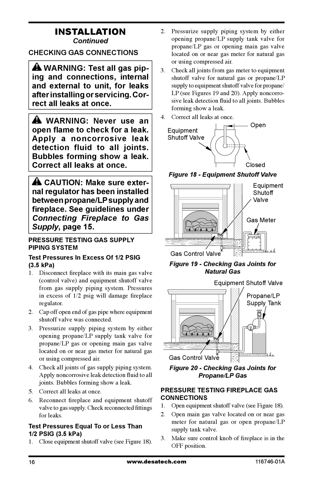 Desa VSGF36NTA, VSGF36PRA, VSGF36PTA, VSGF36NRA Checking GAS Connections, Test Pressures In Excess Of 1/2 Psig, KPa 