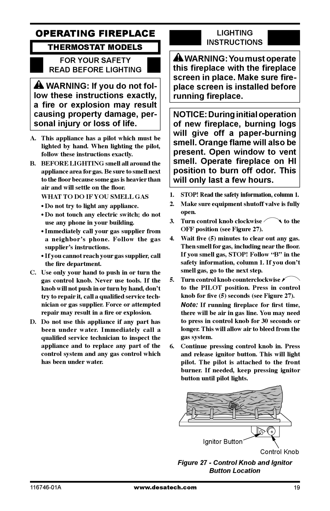 Desa VSGF36NRA Operating Fireplace, Thermostat Models For Your Safety Read Before Lighting, Lighting Instructions 