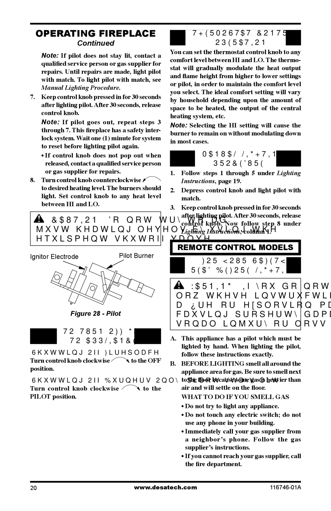 Desa VSGF36NTA, VSGF36PRA, VSGF36PTA To Turn OFF GAS To Appliance, Thermostat Control Operation, Manual Lighting Procedure 