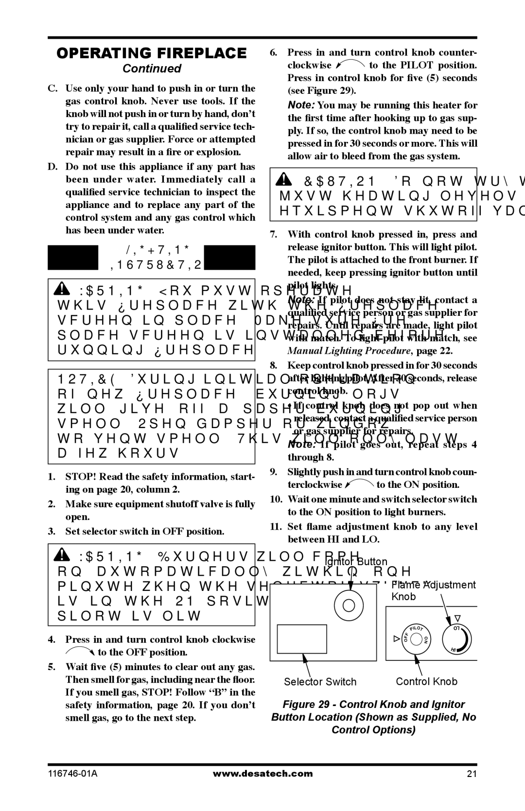 Desa VSGF36PRA, VSGF36NTA, VSGF36PTA, VSGF36NRA installation manual Set ﬂame adjustment knob to any level between HI and LO 