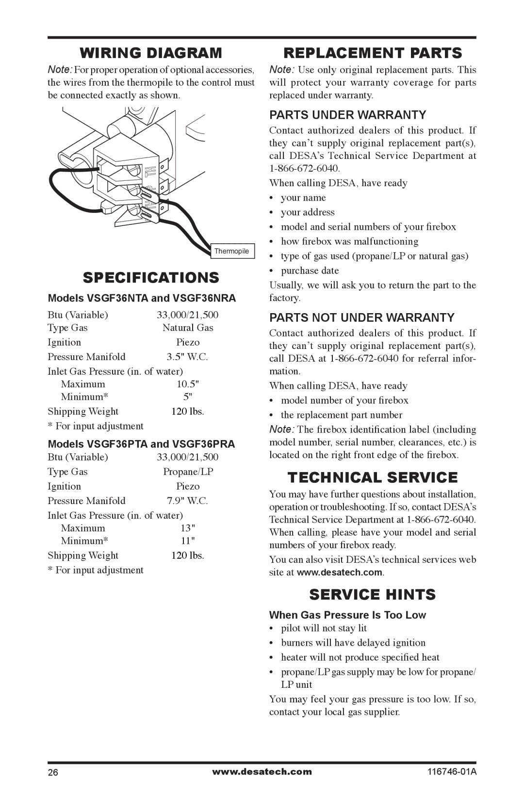 Desa VSGF36PTA, VSGF36NTA, VSGF36PRA Wiring Diagram Replacement Parts, Specifications, Technical Service, Service Hints 