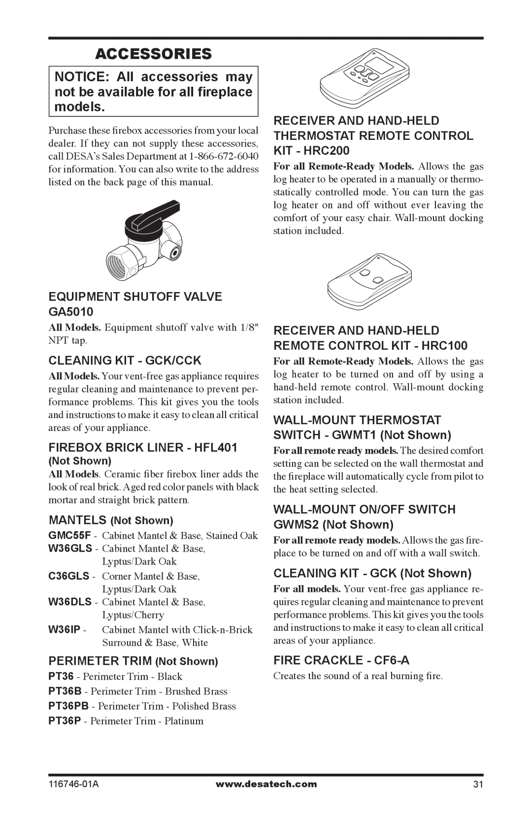 Desa VSGF36NRA, VSGF36NTA, VSGF36PRA, VSGF36PTA installation manual Accessories 