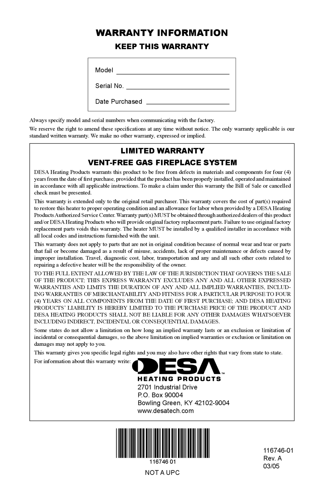 Desa VSGF36NTA, VSGF36PRA Warranty Information, Keep this Warranty, Limited Warranty VENT-FREE GAS Fireplace System 