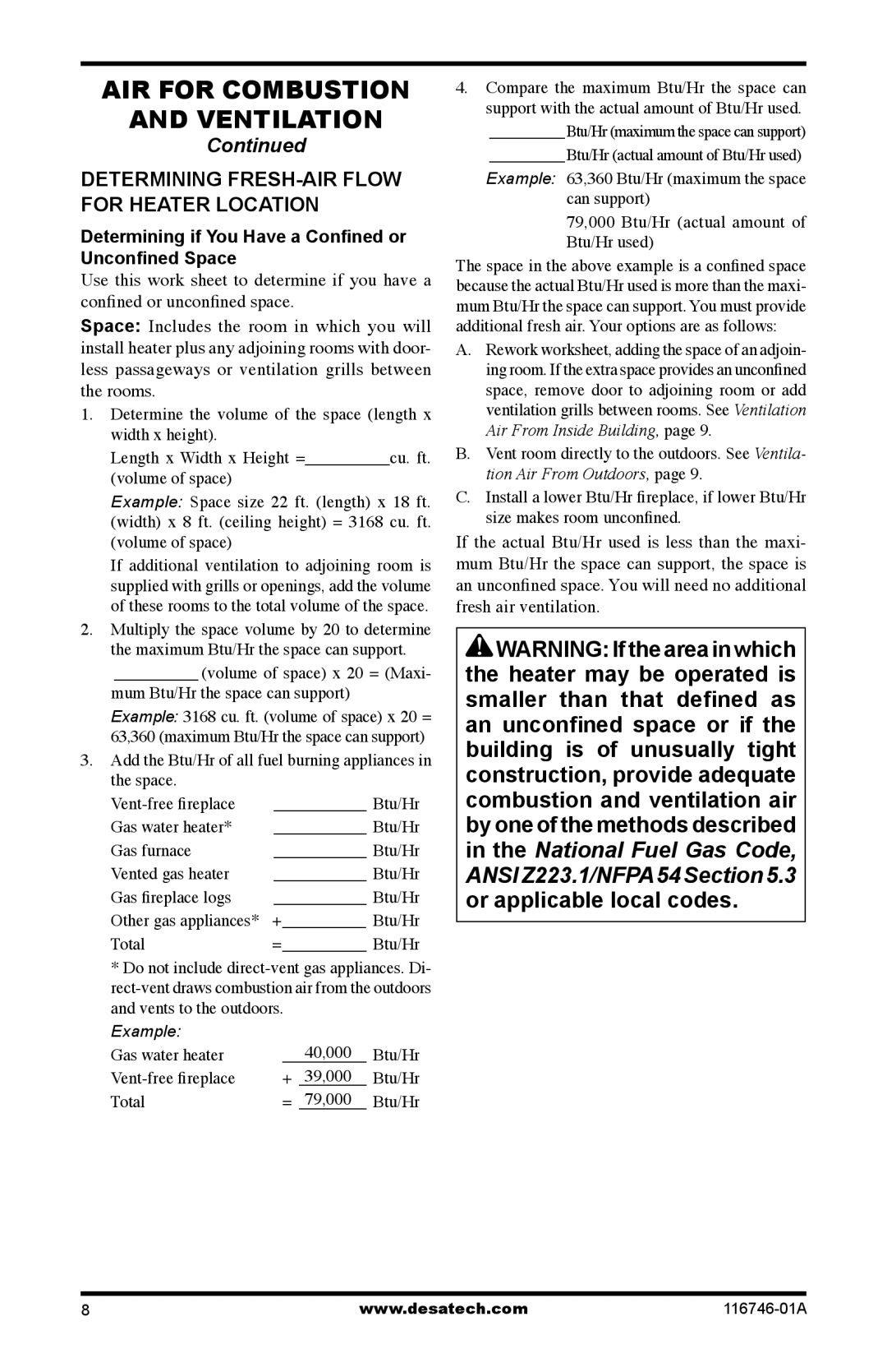 Desa VSGF36NTA Determining FRESH-AIR Flow for Heater Location, Determining if You Have a Conﬁned or Unconﬁned Space 