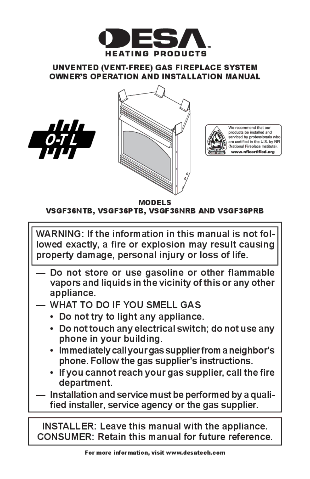 Desa installation manual What to do if YOU Smell GAS, VSGF36NTB, VSGF36PTB, VSGF36NRB and VSGF36PRB 