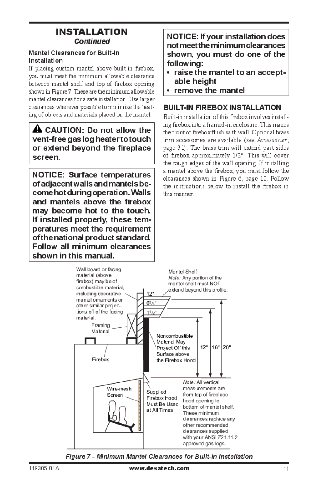 Desa VSGF36PRB, VSGF36PTB, VSGF36NTB, VSGF36NRB Built-In Firebox Installation, Mantel Clearances for Built-In Installation 