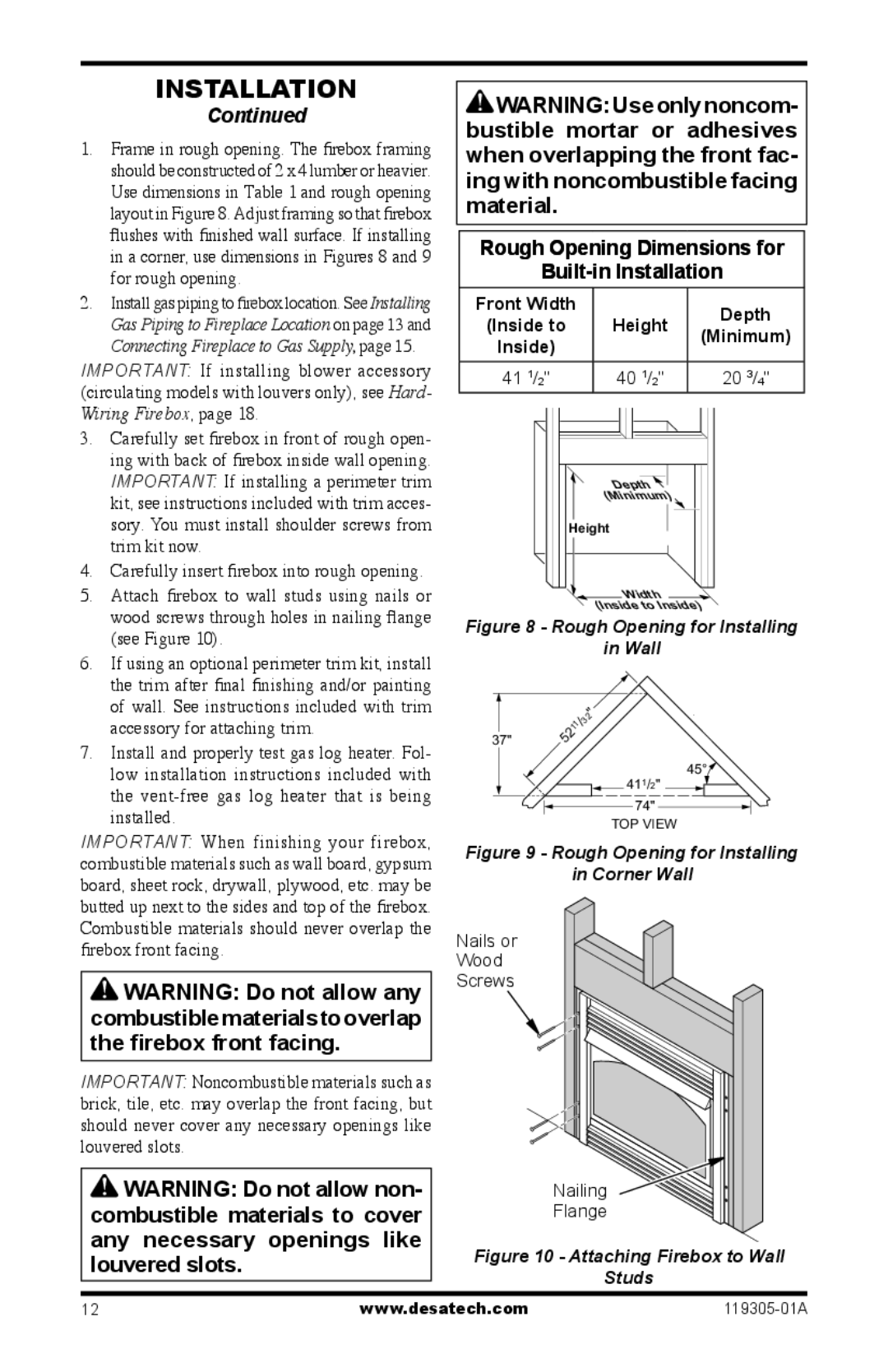 Desa VSGF36PTB, VSGF36NTB, VSGF36NRB, VSGF36PRB Rough Opening Dimensions for Built-in Installation, Front Width Depth 