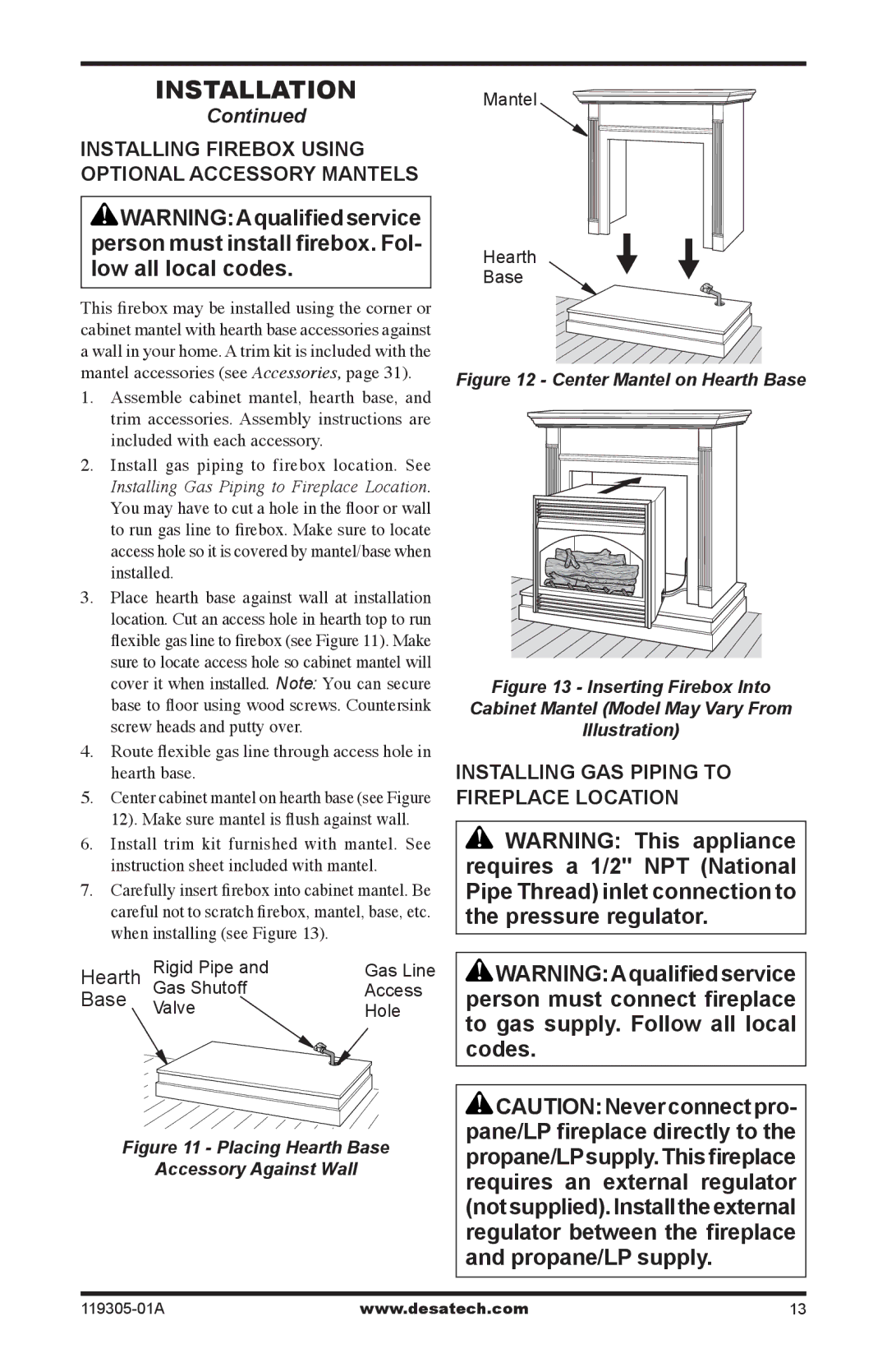 Desa VSGF36NTB Installing Firebox Using, Optional Accessory Mantels, Installing Gas Piping to Fireplace Location 