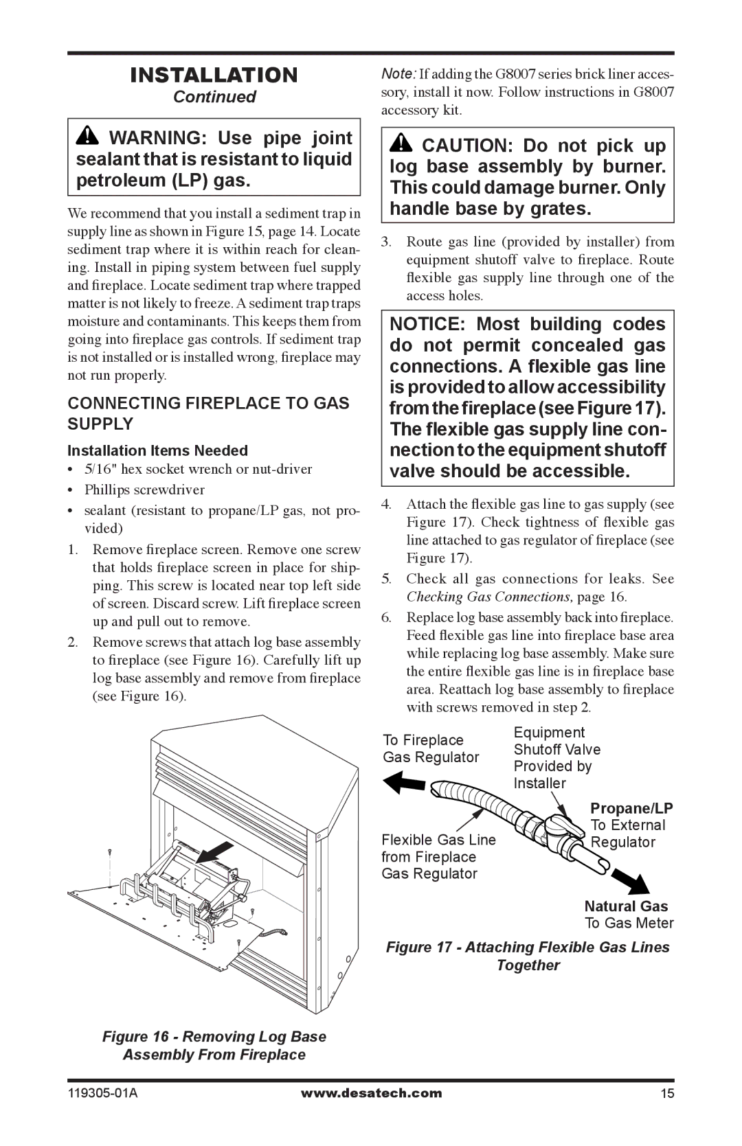 Desa VSGF36PRB, VSGF36PTB, VSGF36NTB, VSGF36NRB Connecting Fireplace to Gas Supply, Checking Gas Connections 