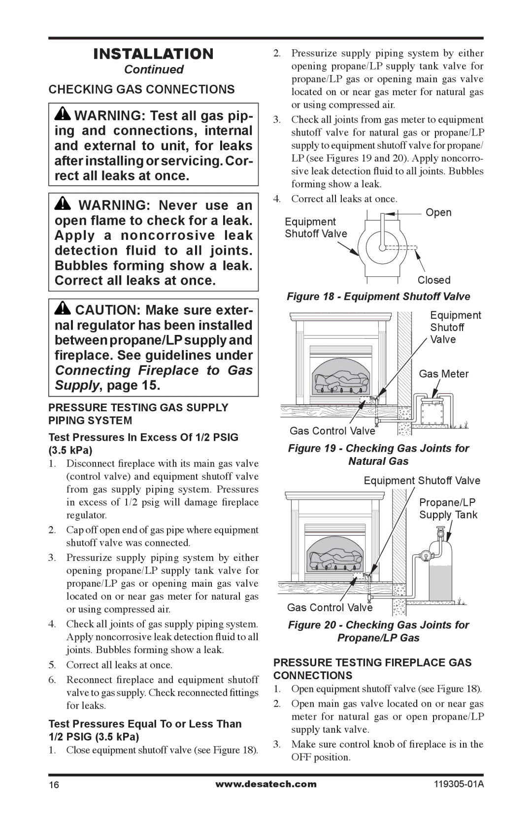 Desa VSGF36PTB, VSGF36NTB, VSGF36NRB Checking GAS Connections, KPa, Test Pressures Equal To or Less Than Psig 3.5 kPa 