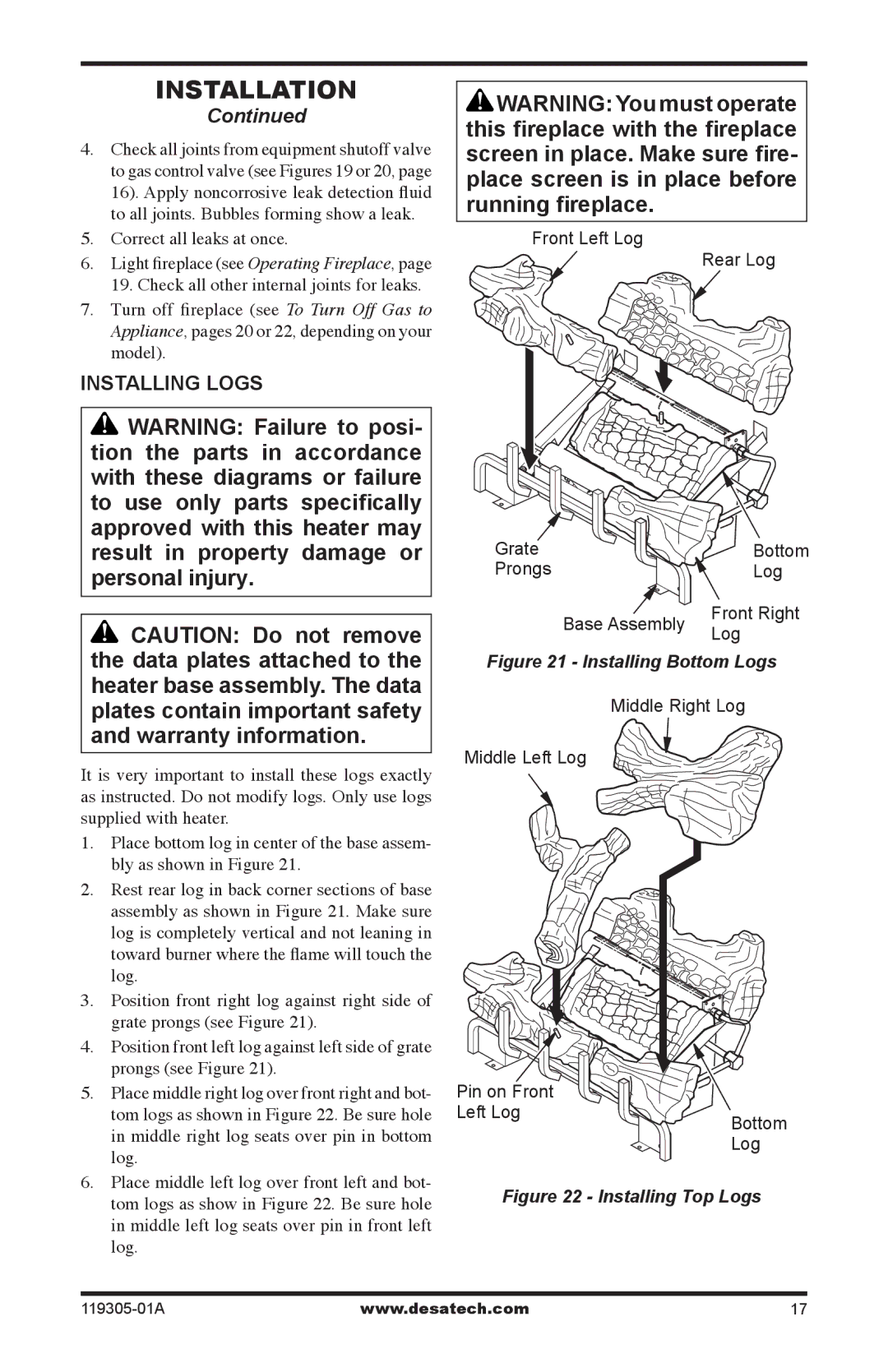 Desa VSGF36NTB, VSGF36PTB, VSGF36NRB, VSGF36PRB installation manual Installing Logs, Middle Right Log Middle Left Log 