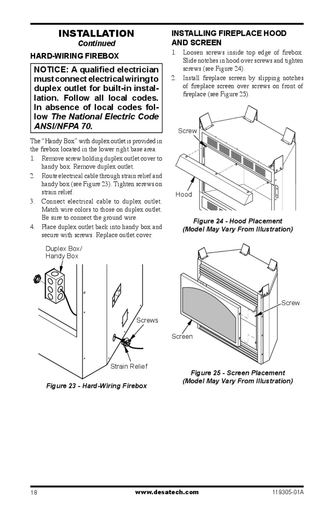 Desa VSGF36NRB, VSGF36PTB, VSGF36NTB, VSGF36PRB installation manual Hard-wiring Firebox, Installing Fireplace Hood and Screen 