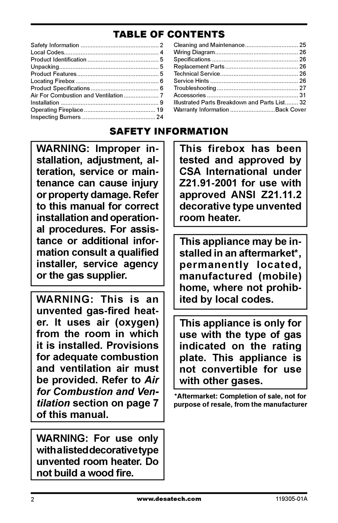 Desa VSGF36NRB, VSGF36PTB, VSGF36NTB, VSGF36PRB installation manual Table of Contents, Safety Information 