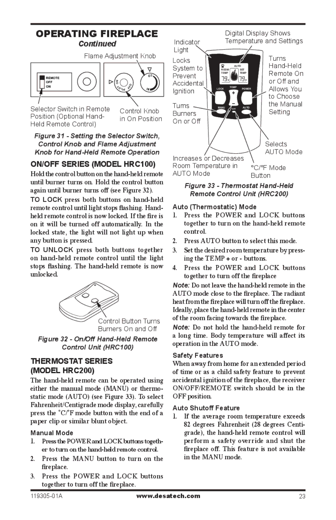 Desa VSGF36PRB, VSGF36PTB, VSGF36NTB, VSGF36NRB installation manual On/Off Series Model HRC100, Thermostat Series Model hrc200 