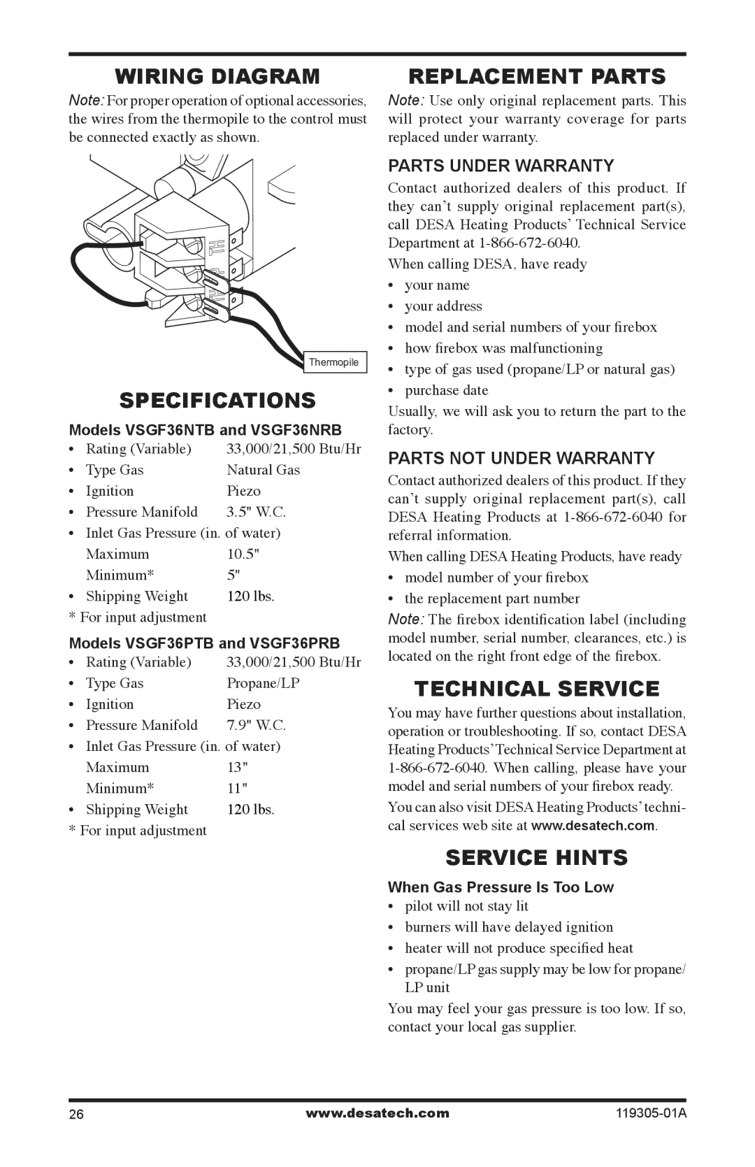 Desa VSGF36NRB, VSGF36PTB, VSGF36NTB Wiring Diagram Replacement Parts, Specifications, Technical Service, Service Hints 