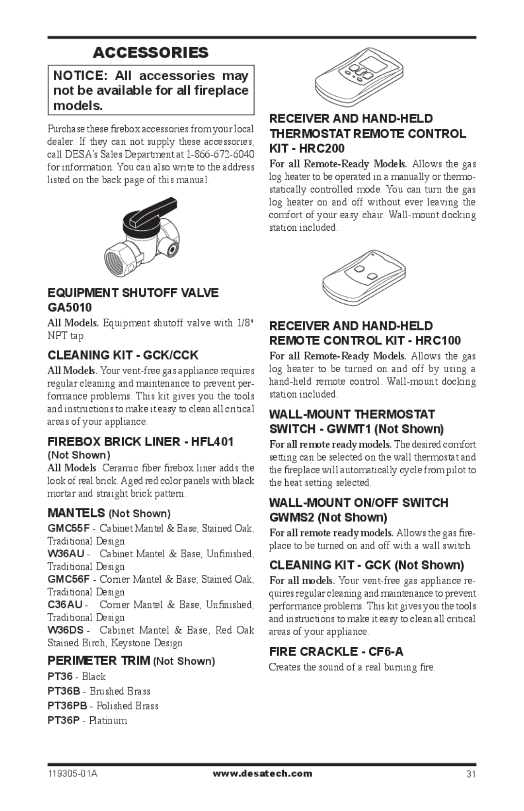 Desa VSGF36PRB, VSGF36PTB, VSGF36NTB, VSGF36NRB installation manual Accessories 